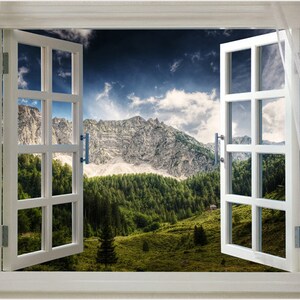 Decorative Picturesque Open Window Onto Silver Mountain Nature Scenic Poster