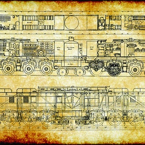 Retro Vintage Train Engineering Technical Drawing Schematic Home Decor Print Poster
