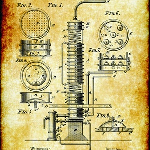 1880 Apparatus Used to Distill Liquid Alcohol Still Patent Technical drawing Schematic Home Decor Print Poster