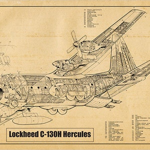 C-130H Hercules Plan de guerre Blueprint Ingénierie Dessin technique Schématique Décoration intérieure Imprimer Affiche