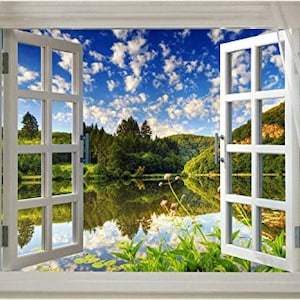 Open Window Onto Beautiful Lake Scenic Poster Water Reflection Blue Sky Nature Peace Relaxation