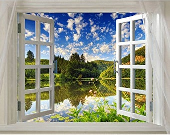 Finestra aperta sul bellissimo lago Poster panoramico Riflesso Blu Cielo Natura Pace Relax