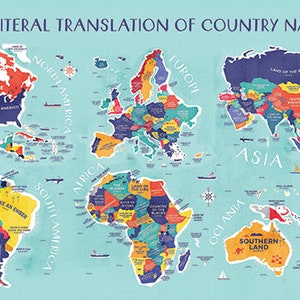Traduction littérale des noms de pays Carte du monde Code couleur Décoration murale Affiche éducative