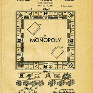 May include: A black and white image of a Monopoly board game patent from December 31, 1935. The patent number is 2,026,082. The image shows the board game layout, dice, and other game pieces.