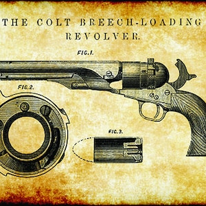 May include: A vintage illustration of a Colt Breech-Loading Revolver patent drawing. The image shows a detailed drawing of the revolver, along with diagrams of its internal components. The text "THE COLT BREECH-LOADING REVOLVER" is at the top of the image.
