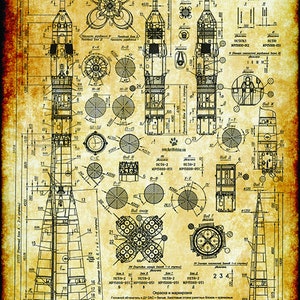 May include: A detailed technical drawing of a rocket, with various sections labeled and dimensions noted. The drawing is on a vintage, aged paper background.