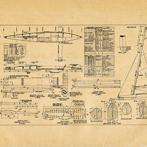 Retro Sailboat Blueprint Engineering Technical Drawing Schematic Home Decor Print Poster
