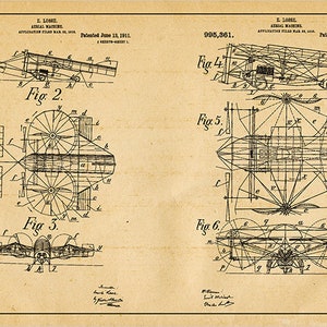 Aerial Machine US Patent Plane Blueprint Engineering Technical Drawing Schematic Home Decor Print Poster