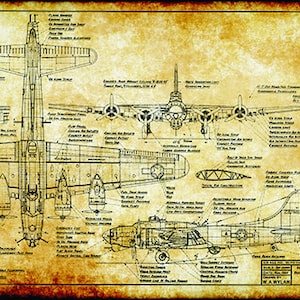 Retro Vintage WW2 B17 Bomber Flying Fortress War Plane Engineering Technical Drawing Aircraft Schematic Home Decor Print Poster