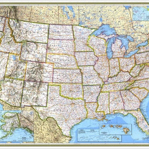 Decoratieve visuele referentie Groot reliëf en politieke kaart van de Verenigde Staten van Amerika Educatieve Hulp Poster