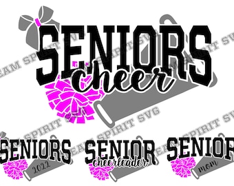 Op de afbeelding: Zwart-wit grafisch ontwerp van een megafoon met de tekst "Seniors cheer" en een roze pompon. Drie variaties van het ontwerp worden getoond met de tekst "Seniors 2022", "Senior Cheerleader" en "Senior Mom".
