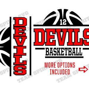 Puede incluir: Diseño gráfico en negro y rojo con un balón de baloncesto y el texto "DEVILS BASKETBALL" con la palabra "DEVILS" apilada verticalmente en el lado izquierdo de la imagen.