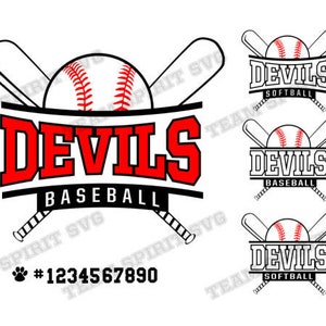 May include: Black and white graphic design of a baseball or softball team logo. The logo features a baseball with red stitching, two crossed bats, and the word "Devils" in red and black letters. The words "Baseball" or "Softball" are also included in the design.