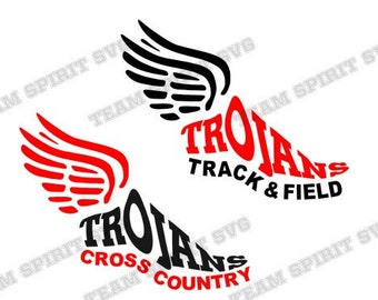 May include: Black and red graphic design with the word "Trojans" in a stylized font. The design features a wing with a footprint pattern and the words "Track & Field" and "Cross Country".