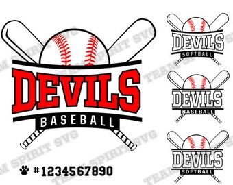May include: Black and white graphic design of a baseball or softball team logo. The logo features a baseball with red stitching, two crossed bats, and the word "Devils" in red and black letters. The words "Baseball" or "Softball" are also included in the design.