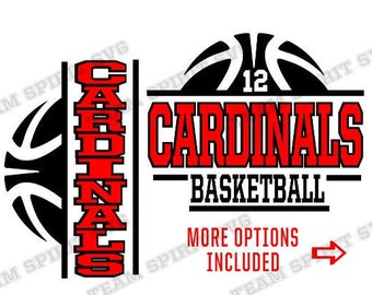 May include: Red and black basketball team logo with the word "CARDINALS" in red and the words "BASKETBALL" in black. The logo also includes a basketball with the number "12" on it.