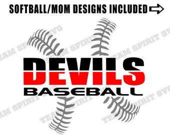 May include: A black and red graphic with the word "DEVILS" in black letters with a red stripe above the letters. The word "BASEBALL" is below the word "DEVILS" in black letters. The graphic is surrounded by three gray baseball stitch designs.
