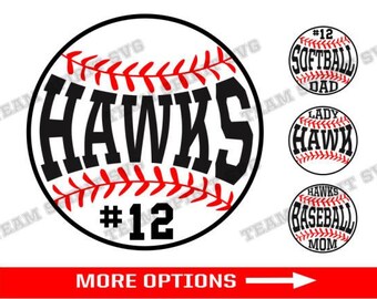 May include: A black and white baseball design with the word "HAWKS" in a bold font and the number "12" in a smaller font. The baseball has red stitching. The design is surrounded by a black circle.