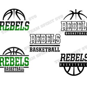 May include: Five different designs for a basketball team logo. The logos feature a basketball with the word "Rebels" and "Basketball" underneath. The logos are in black and green.