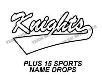 Può includere: Disegno in bianco e nero di arte di linea della parola "Knights" in uno stile sportivo retrò con una linea curva sottostante. Il testo "PLUS 15 SPORTS NAME DROPS" si trova sotto il disegno.