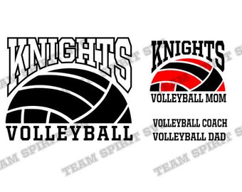 Può includere: Grafica in bianco e nero con la parola "Knights" e una pallavolo. Sono inclusi anche i testi "Volleyball Mom", "Volleyball Coach" e "Volleyball Dad".