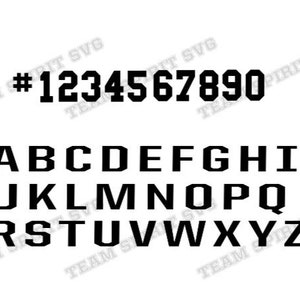 May include: Black and white font set with numbers 1 through 9 and the letters of the alphabet. The font is a bold, blocky style.