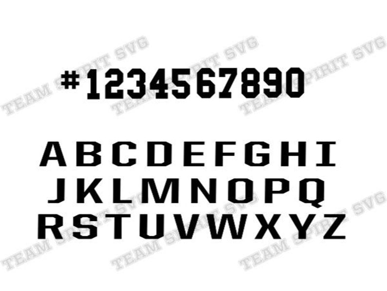May include: Black and white font set with numbers 1 through 9 and the letters of the alphabet. The font is a bold, blocky style.