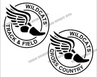 May include: Black and white Wildcats track and field and cross country logos. Each logo features a running shoe with wings inside a circle, with the words "Track & Field" or "Cross Country" and "Wildcats" around the circle.