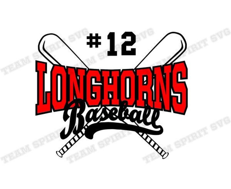 May include: Black and red baseball logo with the text "Longhorns Baseball" and the number "12" above the text.