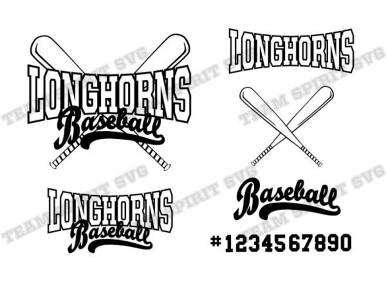 May include: Black and white graphic design featuring the text "Longhorns Baseball" with two crossed baseball bats. The text "Longhorns" is in a bold, blocky font and the text "Baseball" is in a cursive font. The number "1234567890" is also included in the design.