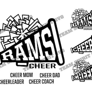 May include: Black and white graphic design of a megaphone with a cheerleading pom pom. The megaphone says "RAMS CHEER" and the pom pom is behind the megaphone. Below the megaphone are the words "CHEER MOM", "CHEER DAD", "CHEERLEADER", and "CHEER COACH".