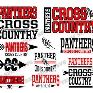 Puede incluir: Un conjunto de 10 archivos de corte digital para un equipo de cross country. Los archivos presentan las palabras "Panthers" y "Cross Country" en varias disposiciones con un gráfico de zapato para correr y flecha.