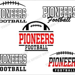 May include: Four different designs for a sports team logo. Each design features the word "PIONEERS" in black with the word "FOOTBALL" underneath in black. The word "PIONEERS" is in a red box in the third design. The first and fourth designs feature a black and white football graphic.
