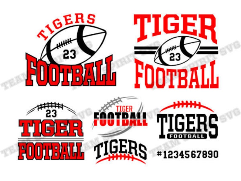 K&ouml;nnte beinhalten: Ein Satz von sechs digitalen Designs in Schwarz und Rot mit den Worten "Tiger Football" und einer Fu&szlig;ballgrafik. Die Designs beinhalten verschiedene Variationen des Textes und der Grafik.