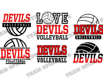 May include: Six different designs for a volleyball team logo. The logos feature the word "Devils" in red with a black volleyball and the words "Volleyball" in black. One logo also includes the word "Love" in black.