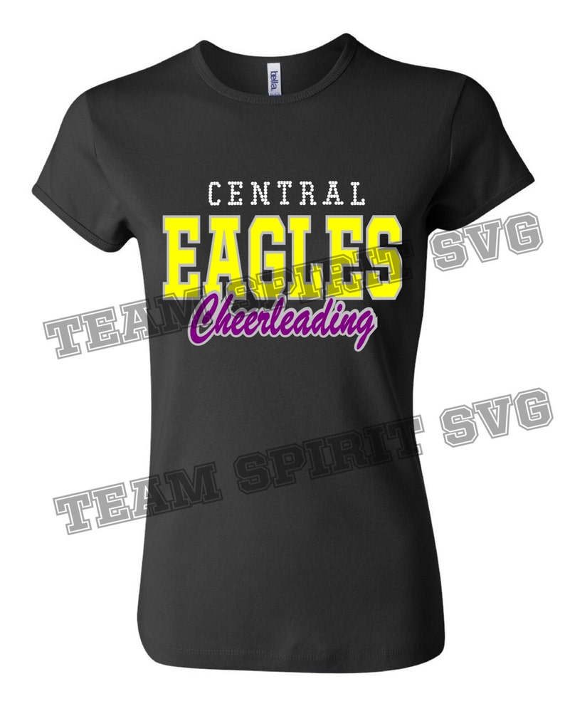 May include: Black t-shirt with the text "CENTRAL EAGLES Cheerleading" in yellow and purple lettering.