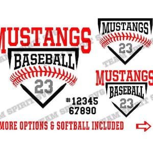 May include: A black and red baseball team logo with the text "Mustangs Baseball" and the number "23" in a white diamond shape. The logo is set against a white background.