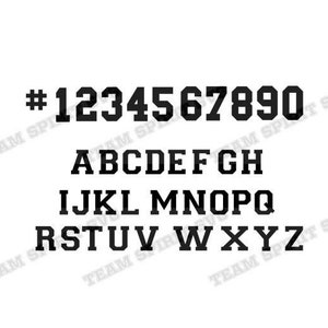 May include: Black and white font set with the numbers 1 through 9 and the letters of the alphabet. The font is a bold, blocky style.