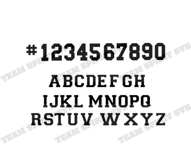 May include: Black and white font set with the numbers 1 through 9 and the letters of the alphabet. The font is a bold, blocky style.