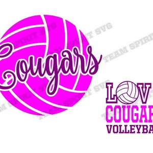 Könnte beinhalten: Ein rosa Volleyball mit dem Wort "Cougars" in lila Schrift. Ein separates Design zeigt die Worte "Love Cougars Volleyball" in lila mit einer weißen Volleyballgrafik.