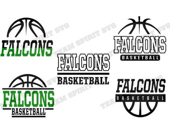 May include: Four different designs for a basketball team logo. The logos feature a basketball with the word "Falcons" and "Basketball" underneath. The logos are in black and green.