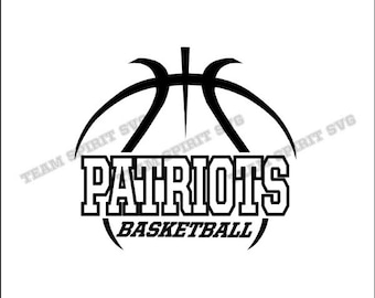 May include: Black and white basketball graphic with the word "Patriots" and the text "Basketball" underneath.