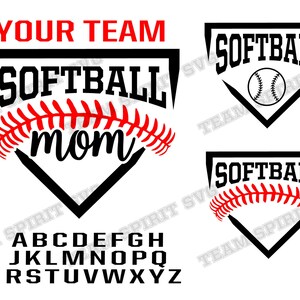 May include: A collection of softball-themed designs. The main design features the words "YOUR TEAM" in red, "SOFTBALL" in black, and "mom" in black, with a red softball stitch design. Additional designs include the word "SOFTBALL" and a softball.