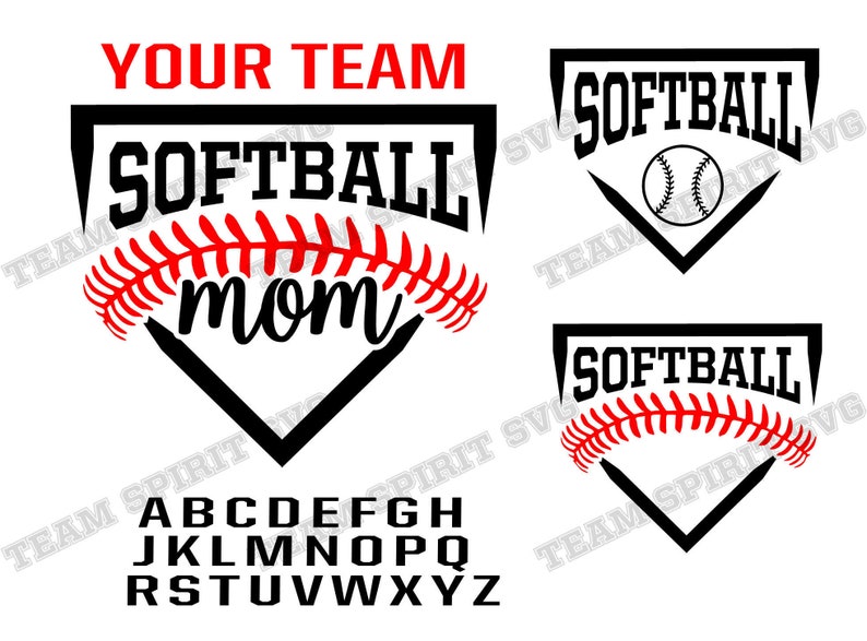 May include: A collection of softball-themed designs. The main design features the words "YOUR TEAM" in red, "SOFTBALL" in black, and "mom" in black, with a red softball stitch design. Additional designs include the word "SOFTBALL" and a softball.