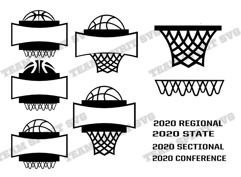 May include: Black and white basketball themed SVG cut files for 2020 regional, state, sectional, and conference championships. The files feature a basketball and a basketball hoop.