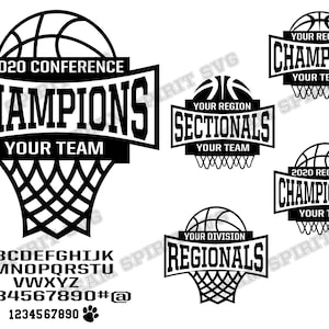 May include: Black and white basketball championship design with a basketball and net graphic. The design includes the text "2020 Conference Champions", "Your Team", "2020 Regional Championship", "Your Team", "Your Region Sectionals", "Your Team", "Your Division Regionals", "Your Team", and a font alphabet.