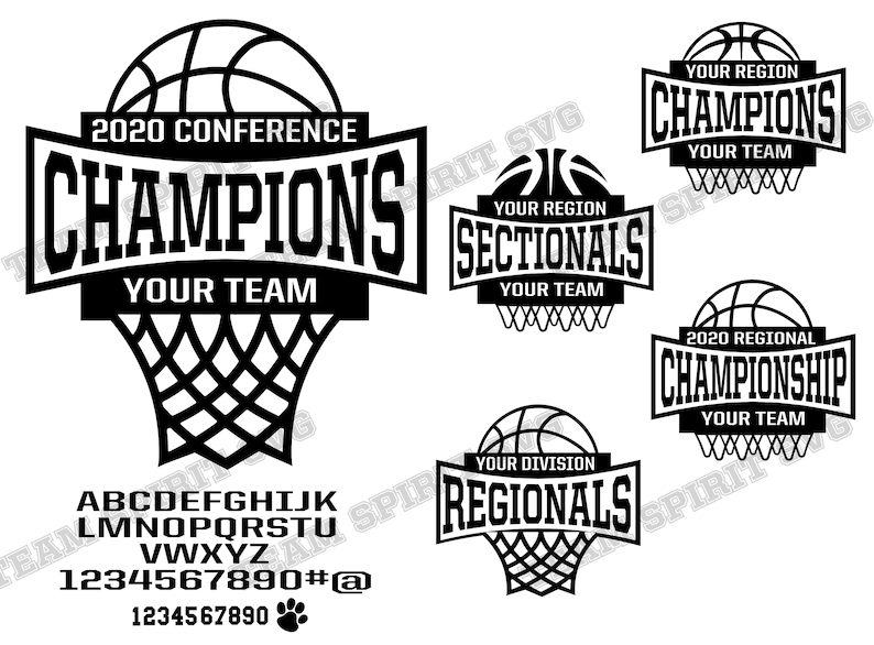 May include: Black and white basketball championship design with a basketball and net graphic. The design includes the text "2020 Conference Champions", "Your Team", "2020 Regional Championship", "Your Team", "Your Region Sectionals", "Your Team", "Your Division Regionals", "Your Team", and a font alphabet.