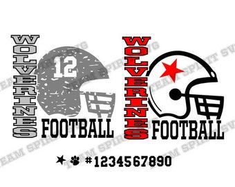 May include: A digital design featuring the word "WOLVERINES" in red and gray, with two football helmets. One helmet is gray with the number "12" on it, and the other is black with a red star. The text "FOOTBALL" appears below each helmet.