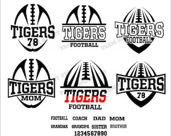 May include: Black and white graphic designs of a football with the word "TIGERS" and the number "78" in various configurations. The text "FOOTBALL" appears in some designs. The words "MOM", "COACH", "DAD", "GRANDMA", "GRANDPA", "SISTER", and "BROTHER" are listed below the designs. The numbers "1234567890" are listed below the words.