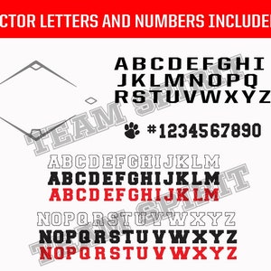 May include: A black and white baseball diamond graphic with the text "VECTOR LETTERS AND NUMBERS INCLUDED" in red. The image shows a black and white alphabet and numbers 1-9 in black. The letters are in a bold, blocky font.
